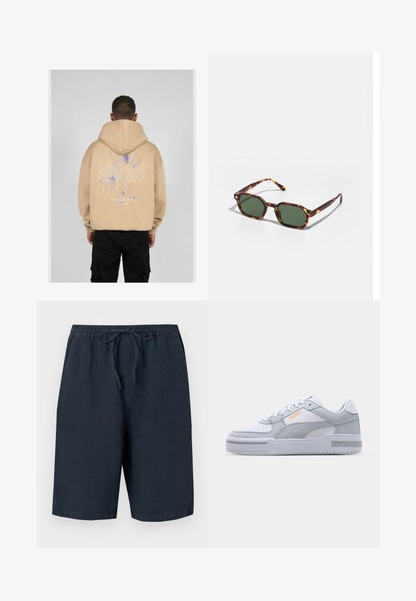 Sudadera beige con un gran gráfico en la parte posterior que presenta diseños de mariposas en azul y púrpura junto con texto estilizado. Capucha ajustable y puños acanalados.; Pantalones cortos de lino en azul marino oscuro con cinturilla elástica y cordón ajustable. Cuenta con bolsillos laterales y un corte relajado.; Zapatillas gris y blanco con parte superior de cuero suave, puntera perforada, cierre de cordones, acentos texturizados y un sutil logo dorado.; Gafas de sol carey con lentes verdes, de forma octagonal y con patillas delgadas y curvas. El material tiene un acabado brillante.