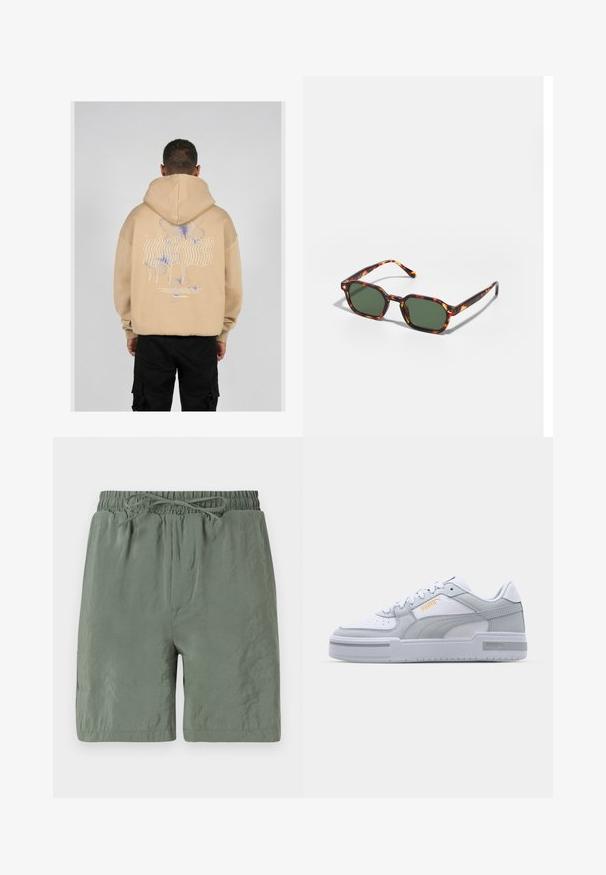 Beżowa bluza z kapturem z dużą grafiką na plecach, przedstawiającą niebieskie i fioletowe motyle oraz stylizowany tekst. Regulowany kaptur i ściągacze przy mankietach.; Zielone kąpielówki z elastycznym pasem w talii i sznurkiem do regulacji, lekkiego materiału i gładkiej tekstury. Krótki fason z bocznymi kieszeniami.; Szare i białe sneakersy z gładkiej skóry, perforowanym noskiem, sznurowanym zapięciem, teksturowanymi akcentami i subtelnym złotym logo.; Okulary przeciwsłoneczne w kolorze żółwim z zielonymi soczewkami, o ośmiokątnym kształcie i cienkich, zakrzywionych ramionach. Materiał ma błyszczące wykończenie.