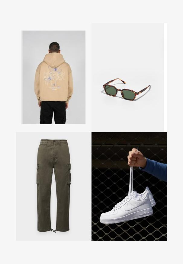 Bež kapuca s velikim grafičkim prikazom na leđima koji prikazuje plave i ljubičaste leptire te stilizirani tekst. Podesiva kapuljača i rebrasti manžeti.; American Eagle LIVED IN - Hlačami s stranskimi žepi - olive moss; Bela usnjena športna obutev s perforacijami, okroglo konico, ravnim podplatom in debelimi vezalkami, z vidnim logotipom smoosh in napisom "AIR" na peti.; Očalna okvir iz želvje školjke z zelenimi lečami, ki ima osemkotno obliko in tanke, zakrivljene ročke. Material ima sijajno površino.
