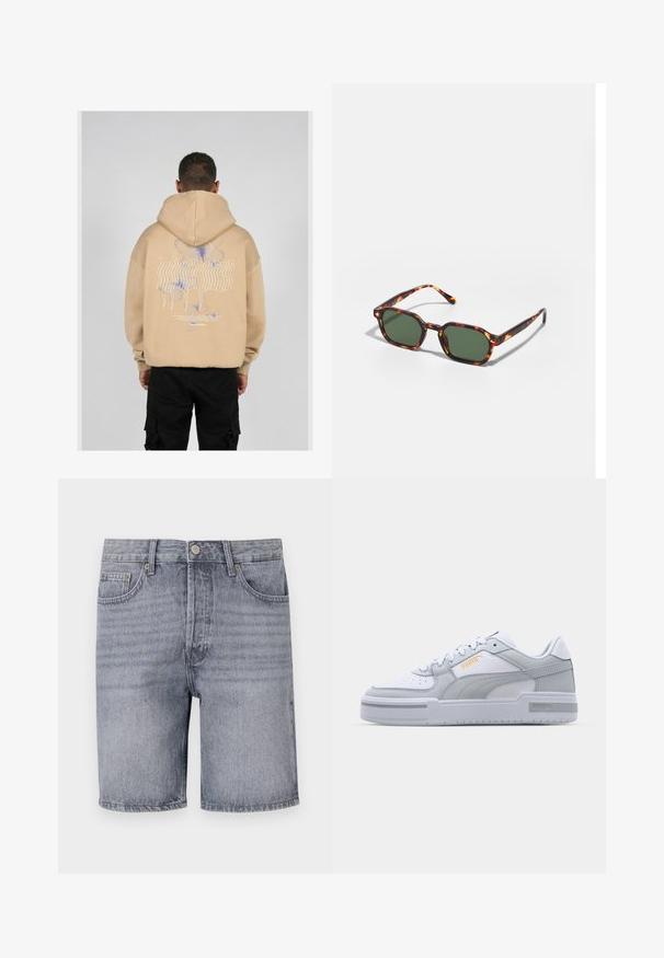 Beige hoodie med en stor grafik på baksidan med blå och lila fjärilsdesigns och stiliserad text. Justerbar huva och ribbade ärmslut.; Ljusgrå denimshorts med klassisk skärning, som har fem fickor, knäppning med knapp och en något urtvättad textur.; Grå och vita sneakers med överdel i slätt läder, perforerad tå, snörning, texturerade accenter och en subtil guldlogga.; Sköldpaddsbeslag av solglasögon med gröna linser, vinklade i en oktagonal form och med smala, böjda skalmar. Materialet har en glansig yta.