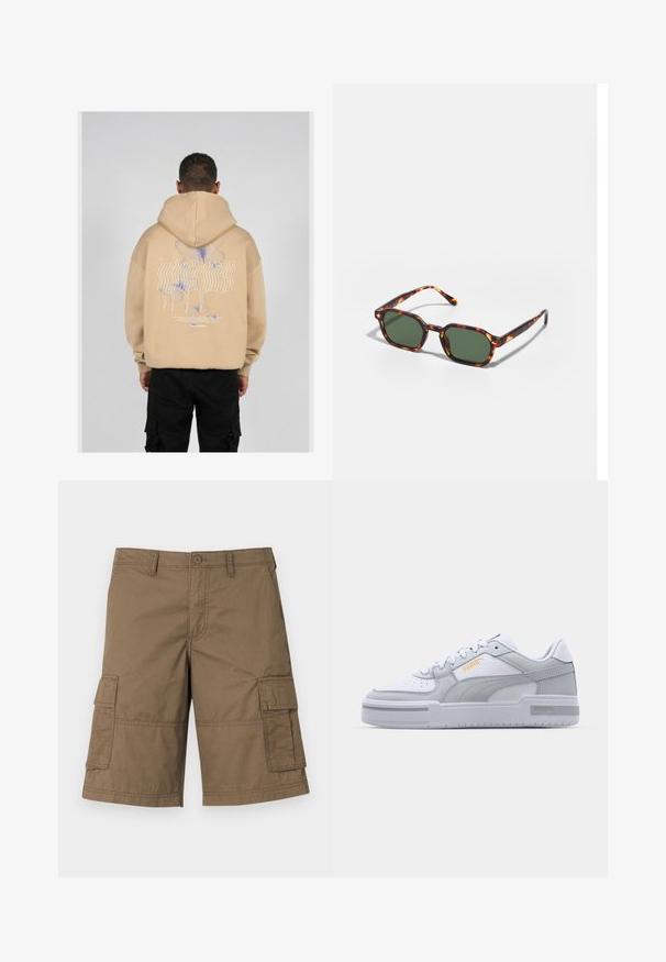 Beige kapuce ar lielu grafiku aizmugurē, kurā ir zilu un violetu tauriņu dizaini un stilizēts teksts. Regulējama kapuce un ribotas piedurknes.; Brūni kokvilnas kravas šorti ar vairākiem sānu kabatām, pogu aizdari un izšuvuma detaļām. Klasisks ceļa garuma dizains.; Pelēki un balti sporta apavi ar gludu ādas virsu, perforētu purngalu, auklu aizdari, teksturētām akcentiem un diskretu zelta logotipu.; Tortoiseshell saulesbrilles ar zaļu stiklu, ar astoņstūru formu un plānām, izliekamām kājām. Materiāls ar spīdīgu apdari.