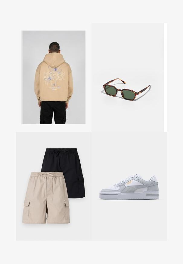 Béžová mikina s kapucňou s veľkým grafickým motívom na chrbte, ktorý zobrazuje modré a fialové motýle a štýlový text. Nastaviteľná kapucňa a rebrované manžety.; Dvoje cargo šortiek, jedny béžové a jedny čierne, s elastickými pásmi v páse, šnúrkami na stiahnutie a bočnými vreckami.; Šedé a biele tenisky s hladkým koženým zvrškom, perforovanou špičkou, šnurovaním, textúrovanými akcentmi a jemným zlatým logom.; Okuliarovité slnečné okuliare z korytnačiny s zelenými šošovkami, s osmiuholníkovým tvarom a tenkými, zakrivenými rámikmi. Materiál má lesklý povrch.