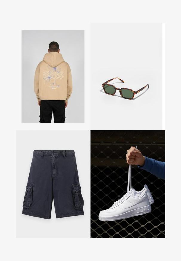 Beige mikina s kapucí s velkým potiskem na zadní straně, na kterém jsou modré a fialové motýlí vzory a stylizovaný text. Nastavitelná kapuce a vroubkované manžety.; Námořnické cargo šortky vyrobené z odolné tkaniny, s dvěma bočními kapsami, předním zapínáním na knoflík a prošitím podél švů.; Bílé kožené tenisky s perforacemi, kulatou špičkou, plochou podrážkou a silnými tkaničkami, které mají viditelné logo swoosh a nápis "AIR" na patě.; Kočičí brýle v barvě želvoviny se zelenými skly, s osmiúhelníkovým tvarem a úzkými, zakřivenými stranami. Materiál má lesklý povrch.