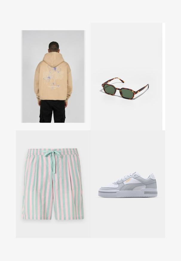 Beige hoodie featuring a large graphic on the back with blue and purple butterfly designs and stylized text. Adjustable hood and ribbed cuffs.; Lightweight striped shorts featuring alternating teal and pink vertical stripes, an elastic waistband, and a front tie detail.; Gray and white sneakers with smooth leather upper, perforated toe, lace-up closure, textured accents, and a subtle gold logo.; Tortoiseshell sunglasses with green lenses, featuring an octagonal shape and slim, curved arms. Material has a glossy finish.