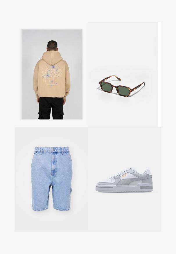 Beživa dukserica sa velikim grafičkim motivom na leđima s plavim i ljubičastim dizajnom leptira i stilizovanim tekstom. Podesiva kapuljača i rebrasti manžeti.; Svijetloplave traper šortseve s regular fit krojem, pojasom s petljama za remen, prednjim džepovima i suptilnim detaljima izblijedjelosti na cijeloj površini.; Sive i bijeli tenisice s glatkom kožom na gornjem dijelu, perforiranim vrhom, vezanjem, teksturiranim detaljima i suptilnim zlatnim logom.; Tortoiseshell sunčane naočale s zelenim lećama, sa osmerokutnim oblikom i tankim, zakrivljenim drškama. Materijal ima sjajnu završnu obradu.