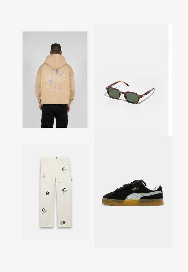 Beige mikina s kapucí s velkým potiskem na zadní straně, na kterém jsou modré a fialové motýlí vzory a stylizovaný text. Nastavitelná kapuce a vroubkované manžety.; Světle béžové cargo kalhoty s několika kapsami, zdobené černými a stříbrnými grafickými vzory. Vyrobeny z odolné tkaniny s volným střihem.; Černé semišové tenisky s bílým postranním pruhem a zlatým logem. Vybaveny gumovou podrážkou s texturovaným vzorem. Šněrování je černé a ploché.; Kočičí brýle v barvě želvoviny se zelenými skly, s osmiúhelníkovým tvarem a úzkými, zakřivenými stranami. Materiál má lesklý povrch.