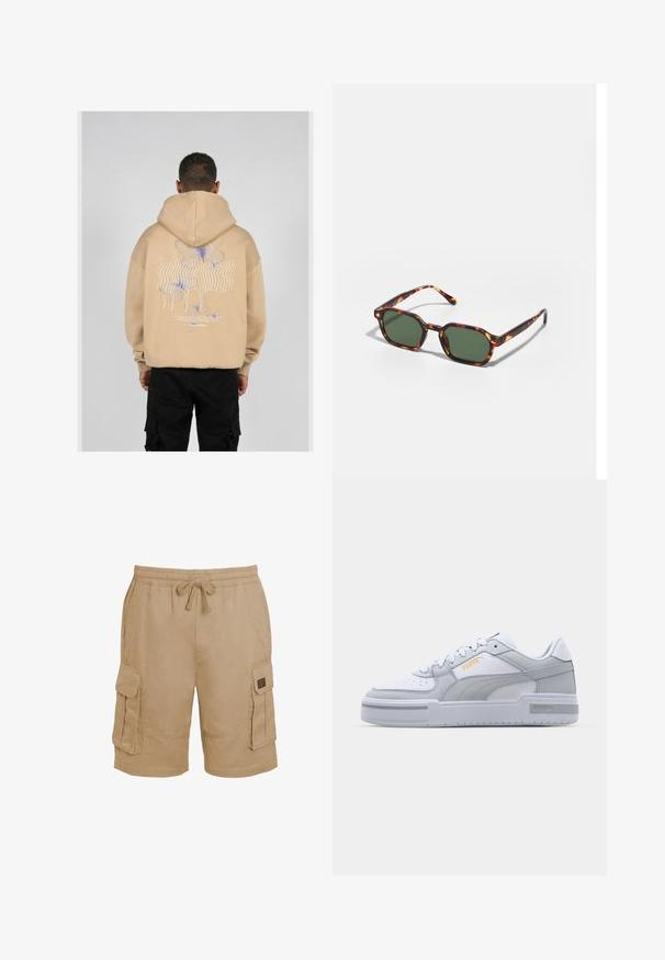 Haut à capuche beige avec un grand motif au dos comportant des dessins de papillons bleus et violets ainsi qu'un texte stylisé. Capuche ajustable et poignets côtelés.; Shorts cargo en coton beige avec une taille élastique, un cordon de serrage et plusieurs poches latérales. Tissu texturé avec des accents cousus.; Baskets grises et blanches avec une tige en cuir lisse, un bout perforé, un système de laçage, des accents texturés et un logo doré subtil.; Lunettes de soleil en écaille de tortue avec des verres verts, présentant une forme octogonale et des branches minces et courbées. Le matériau a une finition brillante.