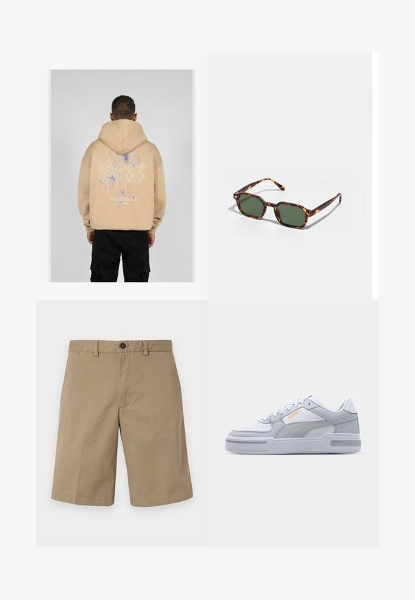 Hanorac bej cu un grafic mare pe spate, având desene de fluturi albastre și mov și text stilizat. Glugă ajustabilă și manșete cu nervuri.; Pantaloni scurți bej din bumbac, cu croială dreptă, două buzunare frontale și închidere cu nasture. Textură netedă, cu un design minimalist.; Adidași gri și albi cu upper din piele netedă, vârf perforat, închidere cu șireturi, accente texturate și un logo auriu subtil.; Ochelari de soare cu montură broască țestoasă și lentile verzi, având o formă octogonală și brațe subțiri, curbate. Materialul are o finisare lucioasă.
