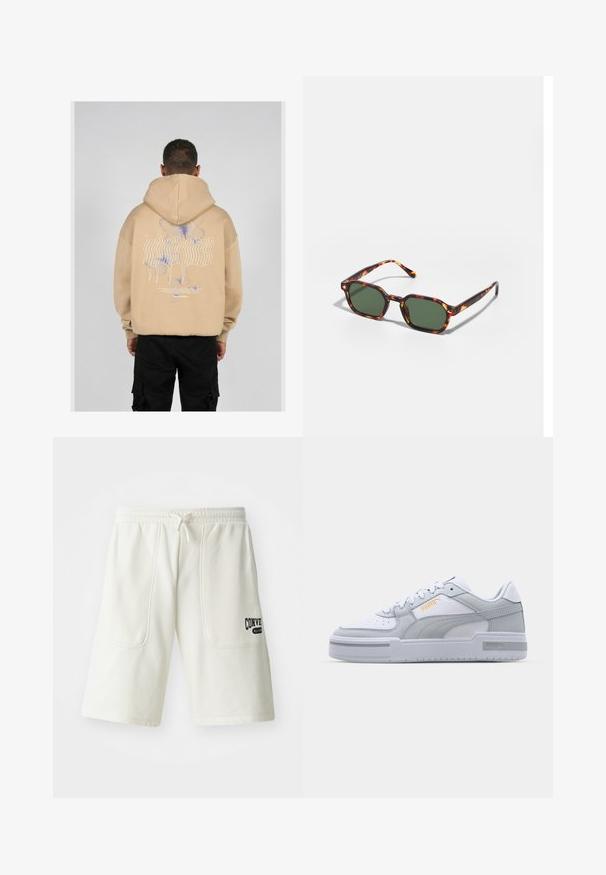 Bežinė hoodie su dideliu grafiniu piešiniu ant nugaros, kuriame yra mėlynų ir purpurinių drugelių dizainų bei stilizuotas tekstas. Reguliuojama kapučio dalis ir briaunoti rankogaliai.; Kremo spalvos šortai, pagaminti iš minkštos medžiagos, su dviem didelėmis šoninėmis kišenėmis ir juodu "Converse All Star" logotipu dešinėje kojoje.; Pilkomis ir baltos sportbačiai su lygaus odos paviršiumi, perforuota koja, raištelių užsegimu, tekstūriniais akcentais ir subtiliu auksiniu logotipu.; Žvyneliai akiniai nuo saulės su žaliais lęšiais, turintys aštuonkampį formos ir plonas, lenktas šakeles. Medžiaga turi blizgų paviršių.