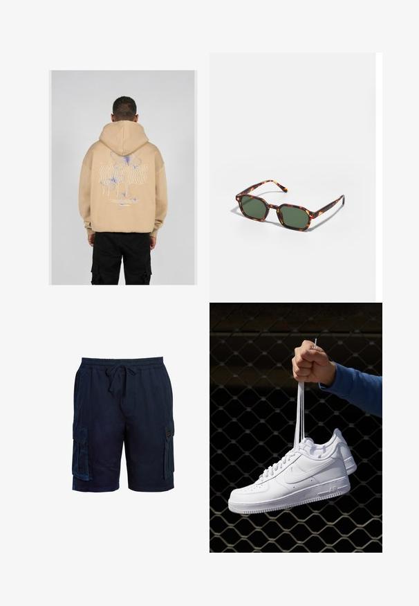 Hanorac bej cu un grafic mare pe spate, având desene de fluturi albastre și mov și text stilizat. Glugă ajustabilă și manșete cu nervuri.; Shorts cargo bleumarin cu talie elastică, șnur, buzunare pe ambele părți și un material texturat pentru confort.; Adidași albaștri din piele cu perforații, vârf rotund, talpă plată și șireturi groase, cu un logo swoosh vizibil și cu inscripția "AIR" pe toc.; Ochelari de soare cu montură broască țestoasă și lentile verzi, având o formă octogonală și brațe subțiri, curbate. Materialul are o finisare lucioasă.