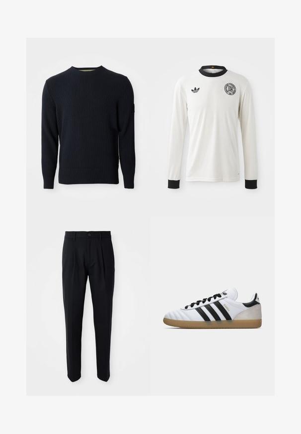 Sweater azul marinho tricotado com uma textura canelada, decote redondo e mangas longas. Apresenta um pequeno patch com o logótipo na manga esquerda.; Camisa de futebol de manga longa branca, com textura ribeteada, gola e punhos pretos, apresentando o logo da Adidas em preto e um emblema gráfico circular.; Calças pretas sob medida com pregas frontais, fecho de botão e passadores de cinto, apresentadas contra um fundo branco.; Sapatilha Adidas Samba branca com riscas pretas, atacadores pretos, calcanhar de camurça bege e sola de borracha caramelizada, apresentada em perfil lateral esquerdo.