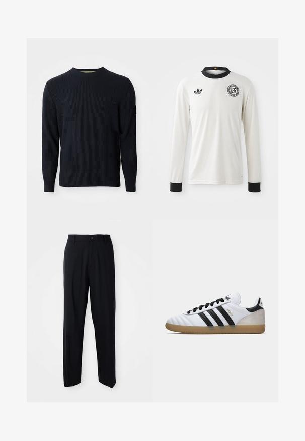 Navyblauer gestrickter Pullover mit geripptem Textur, rundem Halsausschnitt und langen Ärmeln. Besitzt ein kleines Logo-Patch am linken Ärmel.; Weißes langärmliges Fußballtrikot mit gerippter Struktur, schwarzem Kragen und Bündchen, ausgestattet mit schwarzem Adidas-Logo und rundem grafischem Emblem.; Schwarze gerade geschnittene Hosen mit Gürtelschlaufen, Knopfschluss und einem eleganten, minimalistischen Design auf einem neutralen Hintergrund.; Weiße Adidas Samba Sneaker mit schwarzen Streifen, schwarzen Schnürsenkeln, beigem Wildleder-Fersenbereich und Gummiaußensohle, gezeigt im Profil von der linken Seite.
