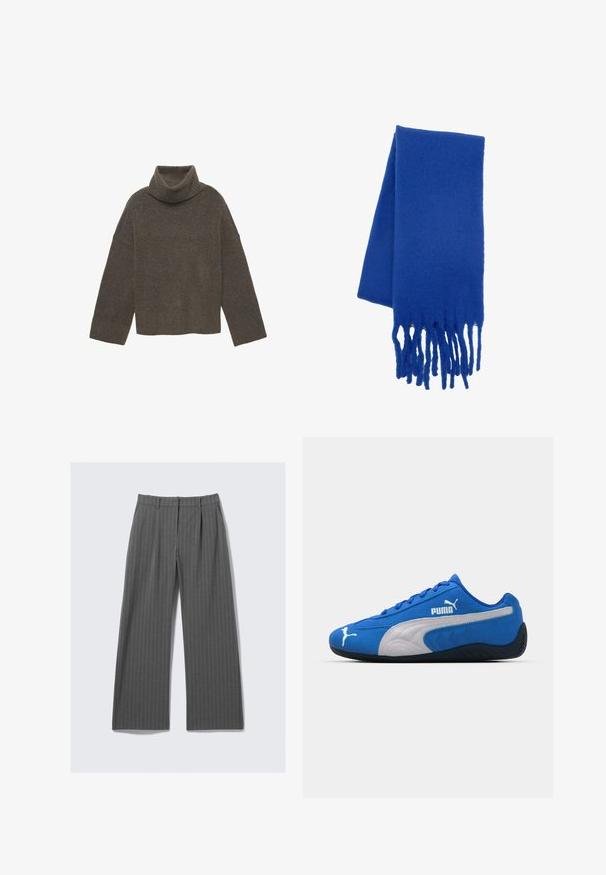 Brown turtleneck sweater made of soft fabric, featuring a ribbed collar, wide sleeves, and a cropped design. Smooth texture with no patterns.; Gray pinstriped wide-leg trousers with front pleats and belt loops, laid flat on a white background.; Blue athletic shoes with a suede upper, featuring a white side panel and black rubber sole. Includes a raised PUMA logo on the side.; Blue wool scarf with a soft texture, featuring fringed ends. The design is classic and rectangular, emphasizing its vibrant color.; Woven olive green handbag with a rounded shape and a twisted handle. Textured surface features a diagonal pattern. Zipper closure.