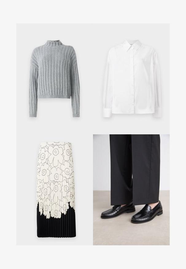 Vaaleanharmaa paksu neulepusero, jossa on ribbimitattu kuvio, mock-neck, pitkät hihat ja hieman lyhyempi malli.; Valkea pitkähihainen nappipaita sileästä puuvillasekoitteesta. Sisältää klassisen kauluksen, etunappisulun ja pyöristetyt hihansuut.; Pleated hame ilman kukkakuviota mustavalkoisena, jossa on vaaleat kukkakuviot yläosassa ja kiinteä musta alareuna.; Mustat nahka loaferit, joissa on sileä pinta, tikattu yksityiskohta varpaiden ympärillä ja matala kumipohja. Yhdistetty leveiden mustien housujen kanssa.