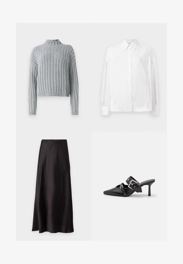Pulover texturat în nuanță de gri deschis, cu model în pliuri, guler la baza gâtului, mâneci lungi și o croială puțin mai scurtă.; Cămașă albă cu mânecă lungă, cu nasturi, confecționată dintr-un amestec de bumbac fin. Include o guler clasic, închidere frontală cu nasturi și manșete rotunjite.; Fustă maxi din satin negru cu talie elastică, textură netedă și un design fluid care ajunge până la podea, fără ornamente suplimentare.; Mulele negre cu toc înalt, cu vârful ascuțit, fabricate din piele netedă. Dispun de o curea lată pentru gleznă, cu o cataramă pătrată din argint și cu cuie.