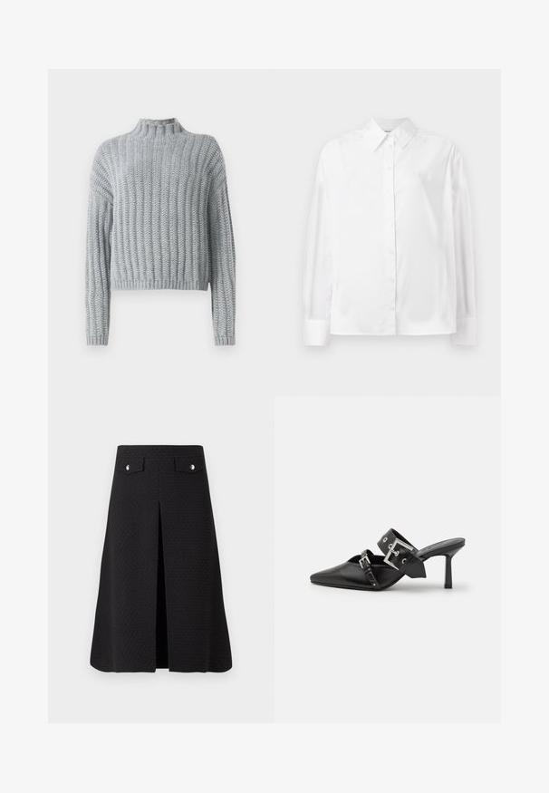 Šviesiai pilkas storas mezginys su raukšlėtu raštu, su apykakle, ilgomis rankovėmis ir šiek tiek trumpesne apdaila.; Baltas ilgas rankovėmis marškiniai su mygtukais, pagaminti iš lygaus medvilnės mišinio. Yra klasikinė apykaklė, priekinis mygtukų uždarymas ir apvalios rankogaliai.; Juoda kelio ilgio sijonas su tekstūruota medžiaga, priekinio plyšio ir dviem metaliniais akcentais juosmens srityje. Daugiausiai pasižymi švariu, pritaikytu dizainu.; Juodos aukštakulnės mule bateliai su smailiu pirštu, pagaminti iš lygaus odos. Turi platų kulkšnies dirželį su kvadratiniu sidabro sagtimi ir skulptūromis.