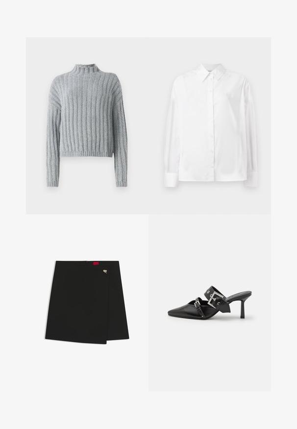 Suéter grueso de punto en gris claro con patrón de canalé, cuello tipo alto, mangas largas y un corte ligeramente corto.; Camisa blanca de manga larga con botones, hecha de una suave mezcla de algodón. Cuenta con un cuello clásico, cierre frontal con botones y puños redondeados.; Falda envolvente negra con una textura suave, que presenta una etiqueta de logo roja y un acento de metal plateado. Diseño sencillo con un corte limpio.; Mules de tacón alto negros con puntera afilada, elaborados en cuero suave. Cuentan con una amplia correa para el tobillo con una hebilla cuadrada de plata y tachuelas.