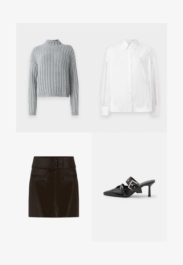 Pulover texturat în nuanță de gri deschis, cu model în pliuri, guler la baza gâtului, mâneci lungi și o croială puțin mai scurtă.; Cămașă albă cu mânecă lungă, cu nasturi, confecționată dintr-un amestec de bumbac fin. Include o guler clasic, închidere frontală cu nasturi și manșete rotunjite.; Fustă mini din piele ecologică maro, cu un brâu lat, cataramă pătrată și două buzunare laterale cu fermoar. Textură netedă și lucioasă.; Mulele negre cu toc înalt, cu vârful ascuțit, fabricate din piele netedă. Dispun de o curea lată pentru gleznă, cu o cataramă pătrată din argint și cu cuie.