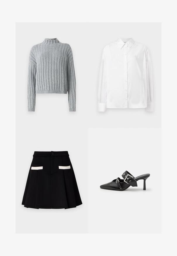 Svetre svetlo sive barve z debelim pletenjem, rebrastim vzorcem, ovratnikom na ovratniku, dolgimi rokavi in nekoliko skrajšano silhueto.; Bela srajca z dolgimi rokavi in gumbi, izdelana iz gladkega bombažnega mešanega materiala. Ima klasičen ovratnik, sprednje zapiranje na gumbe in zaokrožene manšete.; Črna krilo s širokim krojem, ki ima dve sprednji žepki z belimi detajli, zapiranje na gumb in gladko teksturo tkanine.; Črne visoke mule s koničastim prstom, izdelane iz gladkega usnja. Imajo širok gleženjski trak s kvadratno srebrno zaponko in okraski.
