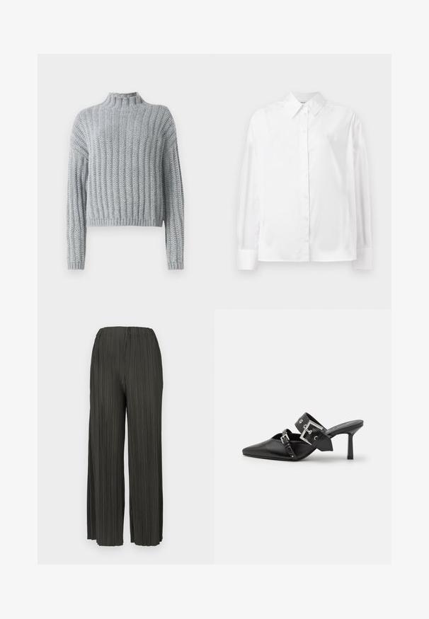 Gaiši pelēks masīvs adīts džemperis ar ribotu rakstu, ar augstu apkakli, garām piedurknēm un nedaudz saīsinātu piegriezumu.; Balta, garām piedurknēm, ar pogām aizpogājama krekla no gludas kokvilnas šķiedras. Tam ir klasiskā apkakle, priekšējā aizpogājamā daļa un noapaļotas aproces.; Tumši zaļi plīvēti platajiem biksēm ar elastīgu jostu, ar vertikālu tekstūru un plūstošu, vieglu audumu.; Melnas augstpapēžu mūles ar norādītu purngalu, izgatavotas no gludas ādas. Iekļauj plašu potītes siksnu ar kvadrātveida sudraba sprādzi un kniedēm.