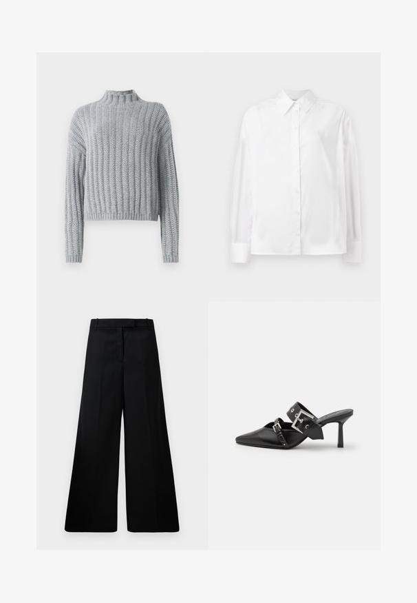 Lichtgrijze chunky gebreide trui met geribd patroon, hoge hals, lange mouwen en een iets cropped pasvorm.; Witte langemouwige button-up shirt in een gladde katoenmix. Voorzien van een klassieke kraag, een knoopsluiting aan de voorkant en afgeronde manchetten.; Zwarte wijde broek van gladde stof, met een hoge taille, twee handzakken en een strakke afwerking. Effen textuur zonder patronen.; Zwarte hoge hakken mules met een puntige neus, gemaakt van soepel leer. Heeft een brede enkelriem met een vierkante zilveren gesp en studs.