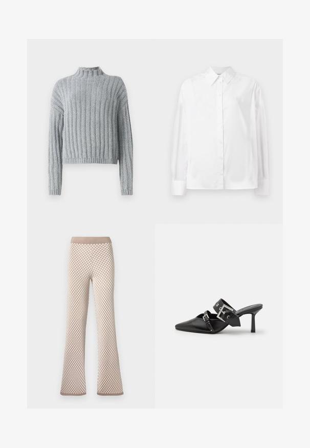 Světle šedý chunky pletený svetr s žebrovaným vzorem, s výstřihem u krku, dlouhými rukávy a mírně zkráceným střihem.; Bílá košile s dlouhým rukávem z hladké bavlněné směsi. Obsahuje klasický límec, přední zapínání na knoflíky a zaoblené manžety.; Beige a bílé kárované pletené kalhoty s elastickým pasem a mírným rozšířením u kotníků na bílém pozadí.; Černé muly na vysokém podpatku s špičatou špičkou, vyrobené z hladké kůže. Mají široký pás kolem kotníku se čtvercovou stříbrnou sponou a cvočky.