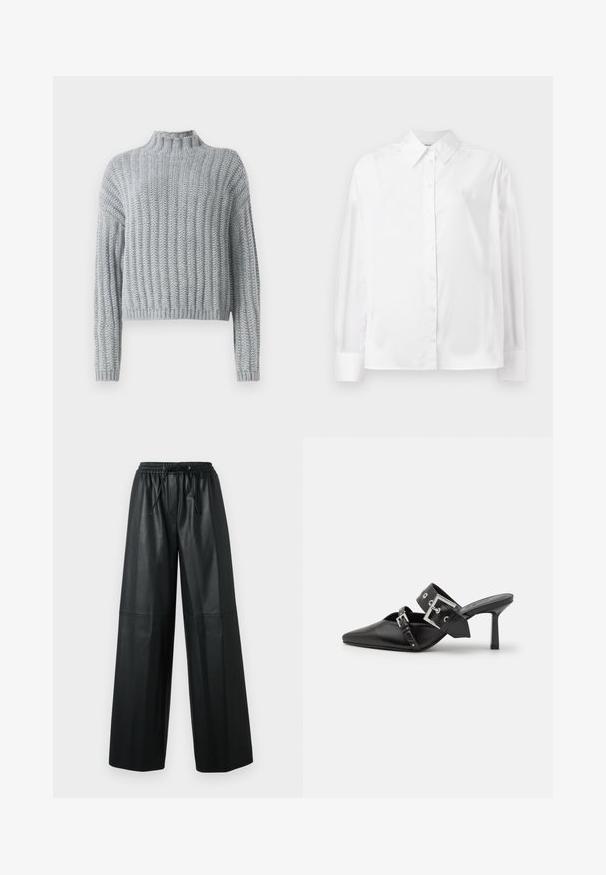 Šviesiai pilkas storas mezginys su raukšlėtu raštu, su apykakle, ilgomis rankovėmis ir šiek tiek trumpesne apdaila.; Baltas ilgas rankovėmis marškiniai su mygtukais, pagaminti iš lygaus medvilnės mišinio. Yra klasikinė apykaklė, priekinis mygtukų uždarymas ir apvalios rankogaliai.; Juodos odinės plačios kelnės su elastingu juosmeniu, raišteliu ir glotnia tekstūra. Priekyje yra siūlių akcentai.; Juodos aukštakulnės mule bateliai su smailiu pirštu, pagaminti iš lygaus odos. Turi platų kulkšnies dirželį su kvadratiniu sidabro sagtimi ir skulptūromis.