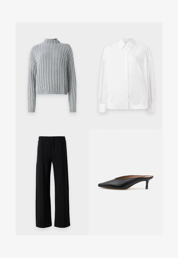 Lichtgrijze chunky gebreide trui met geribd patroon, hoge hals, lange mouwen en een iets cropped pasvorm.; Witte langemouwige button-up shirt in een gladde katoenmix. Voorzien van een klassieke kraag, een knoopsluiting aan de voorkant en afgeronde manchetten.; Zwarte rechte broek met elastische tailleband en een subtiel gemarmerd patroon in de stof, op een witte achtergrond.; Zwarte leren muiltjes met een puntige neus en een lage, blokhak. Glad oppervlak met een gestroomlijnd ontwerp. Open achterkant met minimale details.