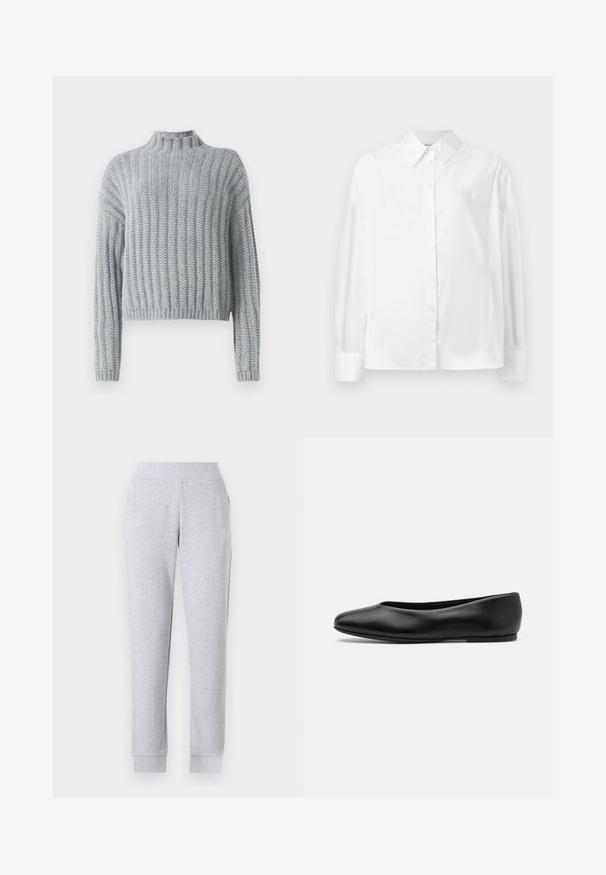 Pullover em malha grossa cinza claro com padrão canelado, gola alta, mangas longas e um corte ligeiramente cropped.; Camisa branca de mangas longas com botões, em um suave misto de algodão. Apresenta um colarinho clássico, fechamento frontal com botões e punhos arredondados.; Calças de moletão cinzentas com um design afunilado, cintura elástica, punhos canelados e bolsos laterais. O tecido parece suave e levemente texturizado.; Paul Smith TOPANGA - Sabrinas - black