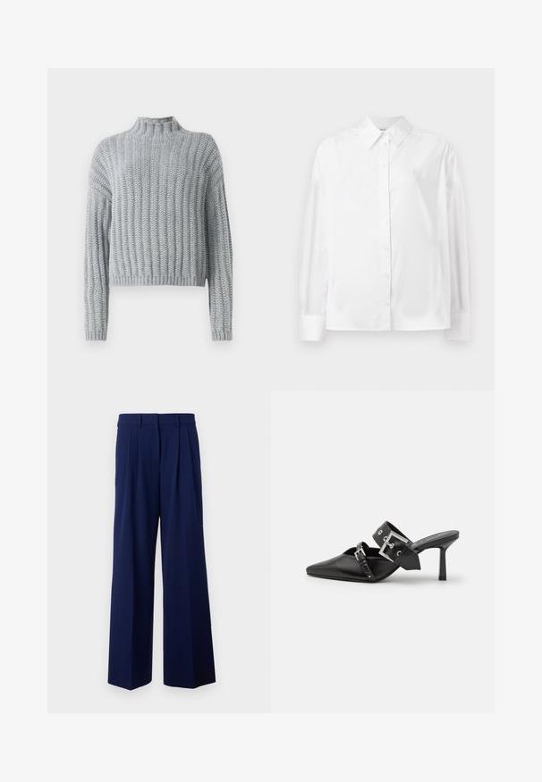 Světle šedý chunky pletený svetr s žebrovaným vzorem, s výstřihem u krku, dlouhými rukávy a mírně zkráceným střihem.; Bílá košile s dlouhým rukávem z hladké bavlněné směsi. Obsahuje klasický límec, přední zapínání na knoflíky a zaoblené manžety.; Námořnické modré kalhoty s širokými nohavicemi a vysokým pasem, se sklady v přední části a hladkou texturou. Vyrobeno z lehkého, splývavého materiálu.; Černé muly na vysokém podpatku s špičatou špičkou, vyrobené z hladké kůže. Mají široký pás kolem kotníku se čtvercovou stříbrnou sponou a cvočky.