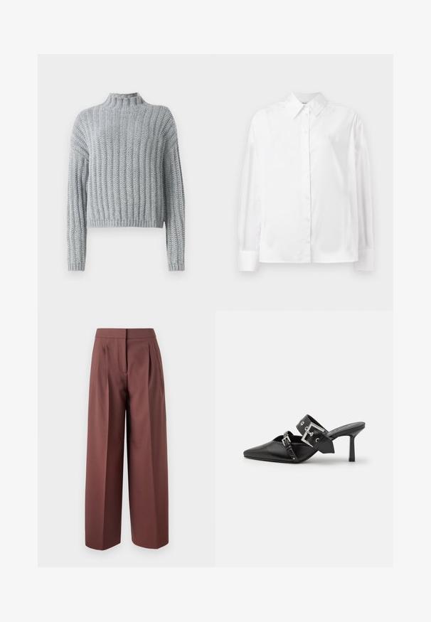 Gaiši pelēks masīvs adīts džemperis ar ribotu rakstu, ar augstu apkakli, garām piedurknēm un nedaudz saīsinātu piegriezumu.; Balta, garām piedurknēm, ar pogām aizpogājama krekla no gludas kokvilnas šķiedras. Tam ir klasiskā apkakle, priekšējā aizpogājamā daļa un noapaļotas aproces.; Brūnas platās bikses ar augstu jostasvietu, priekšpusē ar piegriezumiem, pielāgota dizaina un gludas auduma tekstūru.; Melnas augstpapēžu mūles ar norādītu purngalu, izgatavotas no gludas ādas. Iekļauj plašu potītes siksnu ar kvadrātveida sudraba sprādzi un kniedēm.