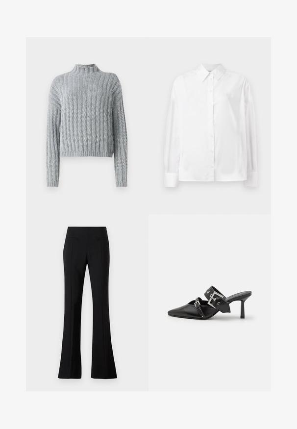 Lichtgrijze chunky gebreide trui met geribd patroon, hoge hals, lange mouwen en een iets cropped pasvorm.; Witte langemouwige button-up shirt in een gladde katoenmix. Voorzien van een klassieke kraag, een knoopsluiting aan de voorkant en afgeronde manchetten.; Zwarte flared broek gemaakt van een gladde stof met een hoge taille, met twee achterzakken en een plooi aan de voorkant van ieder been.; Zwarte hoge hakken mules met een puntige neus, gemaakt van soepel leer. Heeft een brede enkelriem met een vierkante zilveren gesp en studs.