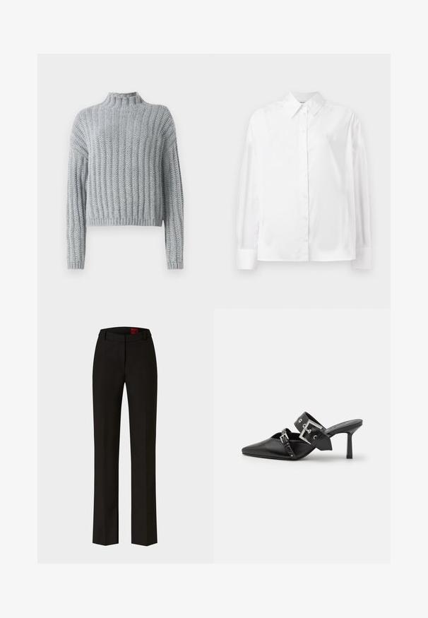 Pull en tricot épais gris clair avec un motif en côtes, col montant, manches longues et une coupe légèrement cropped.; Chemise blanche à manches longues, en mélange de coton lisse. Présente un col classique, une fermeture à boutons sur le devant et des poignets arrondis.; Pantalons noirs ajustés avec une jambe droite et des passants de ceinture, comportant un pli discret sur le devant et une étiquette visible à l'intérieur de la taille.; Mules noires à talons hauts avec un bout pointu, en cuir lisse. Dotées d'une large sangle à la cheville avec une boucle carrée en argent et des clous.
