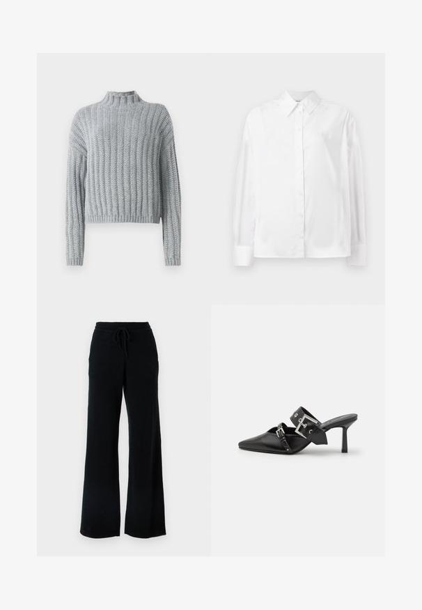 Helles graues, grob gestricktes Sweatshirt mit Rippmuster, Stehkragen, langen Ärmeln und einem leicht verkürzten Schnitt.; Weißes Langarm-Hemd mit Knopfverschluss aus einer glatten Baumwollmischung. Verfügt über einen klassischen Kragen, eine Frontknopfverschluss und abgerundete Manschetten.; Schwarze weit geschnittene Hose aus weichem Stoff mit einem Kordelzugbund. Sie verfügt über eine glatte Textur und keine sichtbaren Muster oder Akzente.; Schwarze High-Heel-Mules mit spitzem Zeh aus glattem Leder. Mit einem breiten Knöchelriemen, der eine quadratische silberne Schnalle und Nieten aufweist.