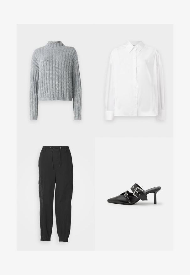 Světle šedý chunky pletený svetr s žebrovaným vzorem, s výstřihem u krku, dlouhými rukávy a mírně zkráceným střihem.; Bílá košile s dlouhým rukávem z hladké bavlněné směsi. Obsahuje klasický límec, přední zapínání na knoflíky a zaoblené manžety.; Černé cargo kalhoty s elastickým páskem, šňůrkou na stažení a bočními kapsami; zúžené nohavice s manžetami. Vyrobeny z lehkého materiálu.; Černé muly na vysokém podpatku s špičatou špičkou, vyrobené z hladké kůže. Mají široký pás kolem kotníku se čtvercovou stříbrnou sponou a cvočky.