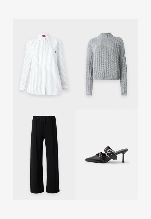 Lys grå chunky strikket sweater med ribbet mønster, høj hals, lange ærmer og en lidt cropped pasform.; Hvid langærmet skjorte med blå lodrette striber, spids krave, forlommer og et lille broderet logo på brystet.; Sort lige ben bukser med elastisk talje og subtilt struktureret mønster i stoffet på en hvid baggrund.; Sorte højhælede mules med spids tå, lavet af glat læder. Har et bredt ankelrem med en firkantet sølv spænde og nitter.
