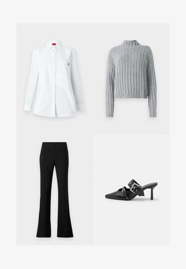 Lichtgrijze chunky gebreide trui met geribd patroon, hoge hals, lange mouwen en een iets cropped pasvorm.; Witte lange mouwen shirt met blauwe verticale strepen, een puntige kraag, een voorzak en een klein geborduurd logo op de borst.; Zwarte flared broek gemaakt van een gladde stof met een hoge taille, met twee achterzakken en een plooi aan de voorkant van ieder been.; Zwarte hoge hakken mules met een puntige neus, gemaakt van soepel leer. Heeft een brede enkelriem met een vierkante zilveren gesp en studs.