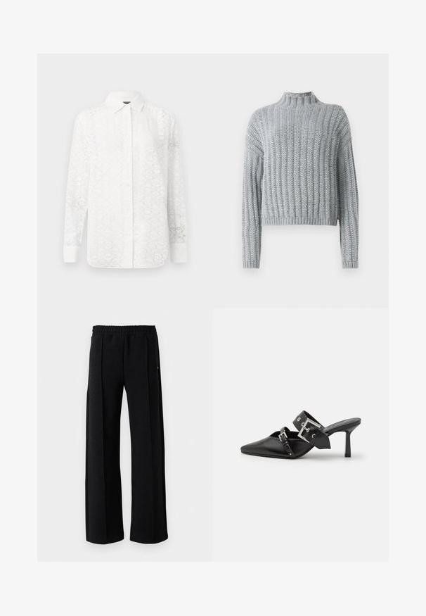 Lichtgrijze chunky gebreide trui met geribd patroon, hoge hals, lange mouwen en een iets cropped pasvorm.; Witte blouse met lange mouwen en een subtiel geometrisch patroon, voorzien van een knopsluiting aan de voorkant, kraag en manchetten; gemaakt van luchtige stof.; Zwarte rechte broek met elastische tailleband en een subtiel gemarmerd patroon in de stof, op een witte achtergrond.; Zwarte hoge hakken mules met een puntige neus, gemaakt van soepel leer. Heeft een brede enkelriem met een vierkante zilveren gesp en studs.