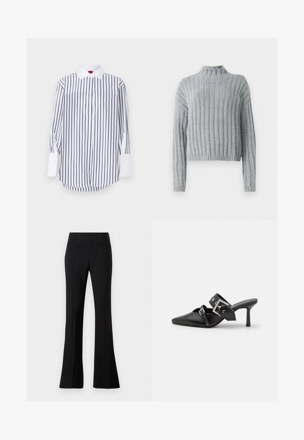 Világosszürke, vastag kötésű pulóver bordás mintával, állvédős nyakkal, hosszú ujjal és enyhén rövid fazonnal.; Fehér inget gomboló ing, sötétkék függőleges csíkokkal, hosszú ujjú fehér mandzsettákkal, klasszikus gallérral és ívelt aljjal. Simaságot árasztó szövettextúra.; Fekete harangszárú nadrág sima anyagból, magas derekú fazonnal, két hátsó zsebbel és a lábak elején végigfutó pliszével.; Fekete magassarkú mules, hegyes orral, sima bőrből készült. Széles bokapántja van, négyzet alakú ezüst csattal és szegecsekkel.