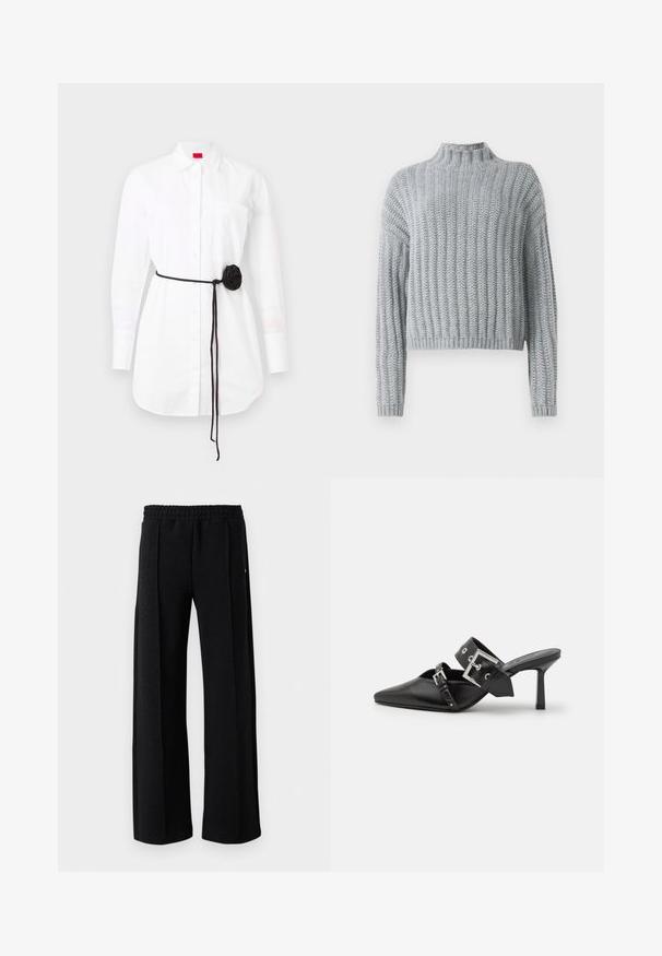 Šviesiai pilkas storas mezginys su raukšlėtu raštu, su apykakle, ilgomis rankovėmis ir šiek tiek trumpesne apdaila.; Balta marškiniai su ilgomis rankovėmis, krūtinės kišene ir juodu audinio diržu, papuoštu rozetės detale. Pagaminta iš medvilnės, minkštos tekstūros.; Juodi tiesūs kelnės su elastine juosta ir subtiliu tekstūruotu raštu per audinį ant balto fono.; Juodos aukštakulnės mule bateliai su smailiu pirštu, pagaminti iš lygaus odos. Turi platų kulkšnies dirželį su kvadratiniu sidabro sagtimi ir skulptūromis.