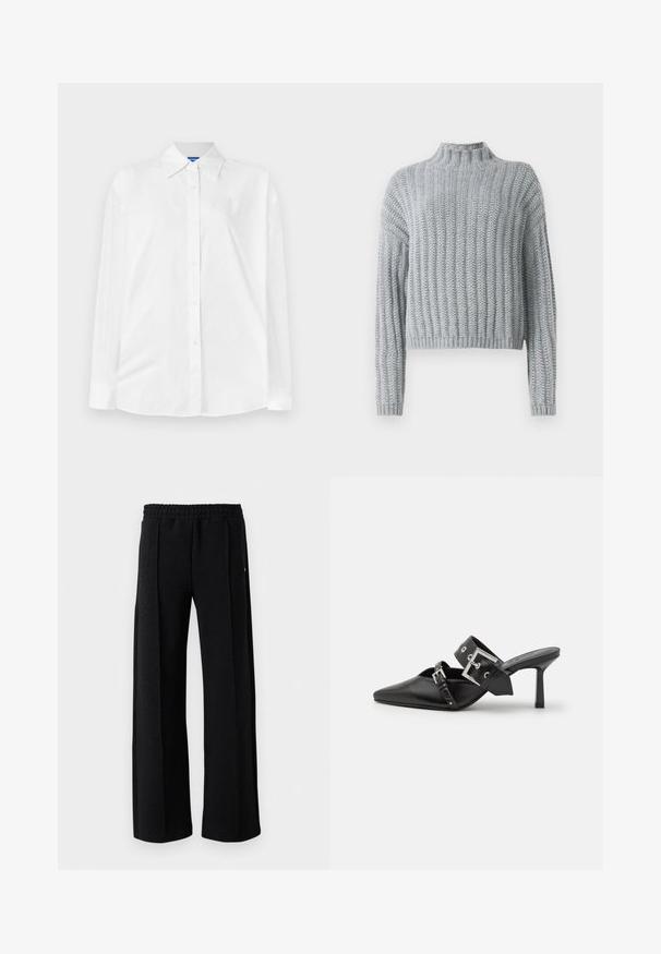 Lichtgrijze chunky gebreide trui met geribd patroon, hoge hals, lange mouwen en een iets cropped pasvorm.; Witte blouse met een klassieke kraag, lange mouwen en een subtiele tonale print. Soepele katoenstof met een comfortabele pasvorm.; Zwarte rechte broek met elastische tailleband en een subtiel gemarmerd patroon in de stof, op een witte achtergrond.; Zwarte hoge hakken mules met een puntige neus, gemaakt van soepel leer. Heeft een brede enkelriem met een vierkante zilveren gesp en studs.