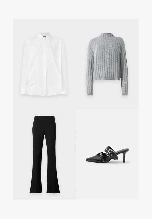 Light gray chunky knit sweater with ribbed pattern, mock neck, long sleeves, and a slightly cropped fit.; White button-up shirt with a classic collar, long sleeves, and a subtle tonal pattern throughout. Smooth cotton fabric with a relaxed fit.; Black flared pants made from a smooth fabric with a high waist, featuring two back pockets and a crease down the front of each leg.; Black high-heeled mules with a pointed toe, made of smooth leather. Features a wide ankle strap with a square silver buckle and studs.