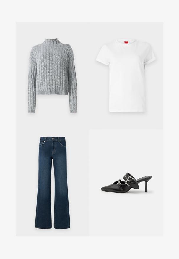 Pulover texturat în nuanță de gri deschis, cu model în pliuri, guler la baza gâtului, mâneci lungi și o croială puțin mai scurtă.; Tricou alb cu maneci scurte, fabricat din bumbac subtire. Are un decolteu rotund și mâneci răsucite. Etichetă roșie cu logo pe guler.; Jeans din denim cu picioare largi, în nuanță de albastru închis, cu închidere prin buton, cinci buzunare și o ușoară estompare a texturii pentru un plus de detaliu.; Mulele negre cu toc înalt, cu vârful ascuțit, fabricate din piele netedă. Dispun de o curea lată pentru gleznă, cu o cataramă pătrată din argint și cu cuie.