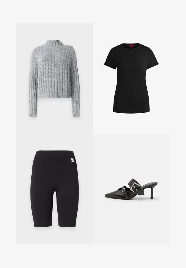 Svetre z hrubej svetlej šedej priadze s rebrovaným vzorom, polo-vystrihom, dlhými rukávmi a mierne skráteným strihom.; Čierne bavlnené tričko s krátkymi rolovanými rukávmi, okrúhlym výstrihom a červenou nášivkou. Hladká textúra, priliehavý strih s minimálnymi detailmi.; Čierne cyklistické šortky vyrobené z ľahkej a elastickej tkaniny. Majú vysoký pás s bielym logom "HUGO" na prednej strane.; Čierne vysoké podpätky mule so špicatou špičkou, vyrobené z hladkej kože. Obsahujú široký členkový remienok so štvrcovým strieborným sponom a cvokmi.