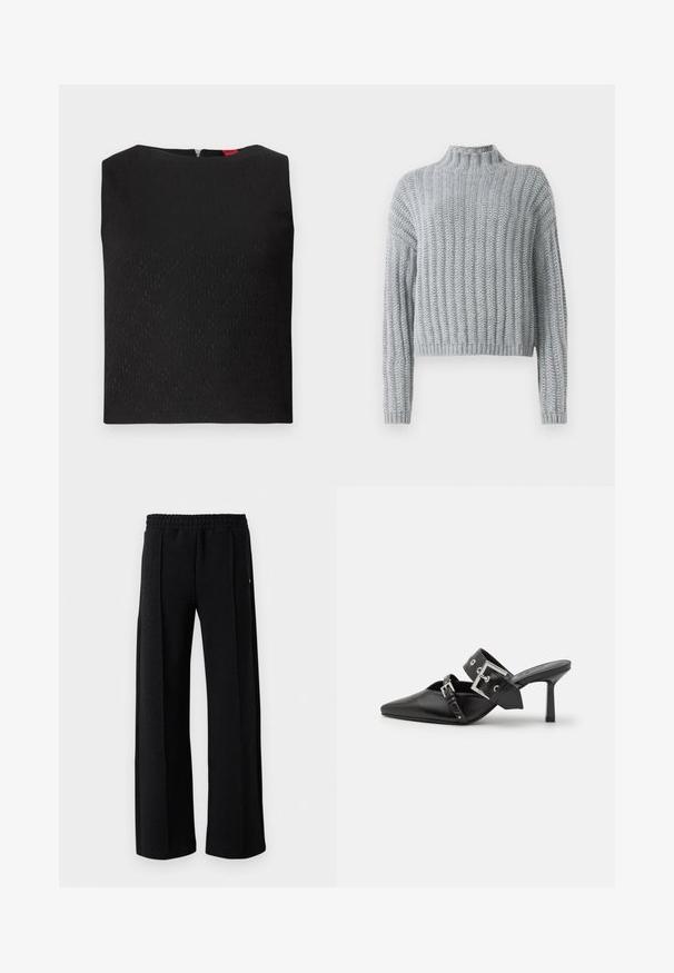 Svetre svetlo sive barve z debelim pletenjem, rebrastim vzorcem, ovratnikom na ovratniku, dolgimi rokavi in nekoliko skrajšano silhueto.; Črn brezrokavnik s teksturiranim vzorcem, kvadratnim izrezom in zadrgo na hrbtni strani. Vsebuje subtilne logotipne akcenta, vtisnjene v tkanino.; Črne hlače ravnega kroja z elastičnim pasom in diskretnim teksturiranim vzorcem po tkanini na belem ozadju.; Črne visoke mule s koničastim prstom, izdelane iz gladkega usnja. Imajo širok gleženjski trak s kvadratno srebrno zaponko in okraski.