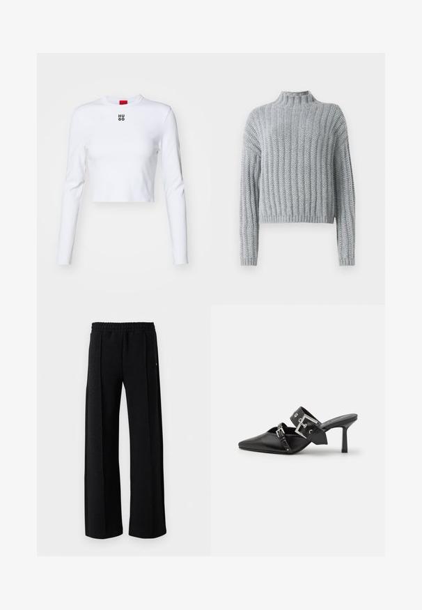 Gaiši pelēks masīvs adīts džemperis ar ribotu rakstu, ar augstu apkakli, garām piedurknēm un nedaudz saīsinātu piegriezumu.; Balts garām piedurknēm krūšturis, kas izgatavots no kokvilnas, ar apaļu kakla izgriezumu un mazu melnu "HUGO" logo uz krūtīm. Gluda tekstūra ar pieguļošu dizainu.; Melni taisni bikses ar elastīgu jostasvietu un smalku teksturētu rakstu visa auduma garumā uz baltas fona.; Melnas augstpapēžu mūles ar norādītu purngalu, izgatavotas no gludas ādas. Iekļauj plašu potītes siksnu ar kvadrātveida sudraba sprādzi un kniedēm.
