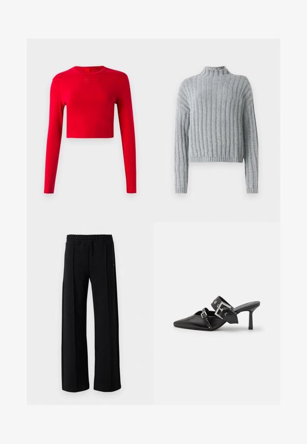 Světle šedý chunky pletený svetr s žebrovaným vzorem, s výstřihem u krku, dlouhými rukávy a mírně zkráceným střihem.; Červený zkrácený top s dlouhým rukávem a kulatým výstřihem, s malým embosovaným logem "HUGO" umístěným pod límcem na jednobarevném pozadí.; Černé rovné kalhoty s elastickým pasem a jemným texturovaným vzorem po celé látce na bílém pozadí.; Černé muly na vysokém podpatku s špičatou špičkou, vyrobené z hladké kůže. Mají široký pás kolem kotníku se čtvercovou stříbrnou sponou a cvočky.
