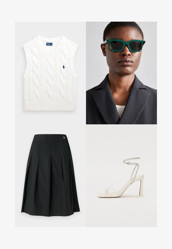 Hvid cable-knit ærmeløs sweater med ribbet kant og rund hals. Har et lille marineblåt logo på den øverste venstre side.; Sort plisseret nederdel lavet af letvægtsstof, med knaplukning, en glat tekstur og A-formet snit.; Hvide hælede sandaler med en slank ankelrem og to forreste remme. Glat lædertekstur med en firkantet tå og en blank hæl.; Grønne og mønstrede solbriller med en geometrisk ramme; mørke linser; modellen bærer en struktureret sort blazer over en lys top.; Sort syntetisk skuldertaske med en buet silhuet, tekstureret overflade, gyldent trekantet logo og aftagelige hardware-detaljer.
