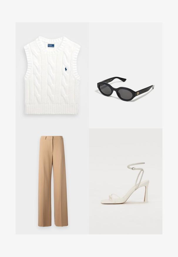 Hvid cable-knit ærmeløs sweater med ribbet kant og rund hals. Har et lille marineblåt logo på den øverste venstre side.; Beige breddebenede bukser med en glat tekstur, skræddersyet talje, detaljering med forskydninger foran og uden synlige lommer.; Hvide hælede sandaler med en slank ankelrem og to forreste remme. Glat lædertekstur med en firkantet tå og en blank hæl.; Sorte ovale solbriller med mørke linser og blank plastramme. Har et guldlogo på stykket, hvilket giver et slankt og moderne design.; Sort læder skuldertaske med en glat overflade, der har en tynd, lang rem og en subtil syet detalje ned langs midten.
