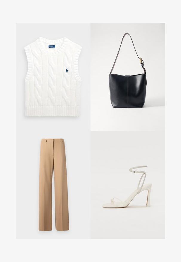 Vit kabelstickad ärmlös tröja med ribbad nederkant och rundad halsringning. Har en liten marinblå logotyp på övre vänstra sidan.; Beiga vida byxor med en slät textur, skräddarsydd midjeband, framtida veckdetaljer och inga synliga fickor.; Vit klacksandal med en smal ankelrem och två framremmar. Slät lädertextur med fyrkantig tå och en glänsande klack.; Svart läder axelväska med en slät yta, som har ett tunt, långt band och en subtil sömdetalj nedtill i mitten.